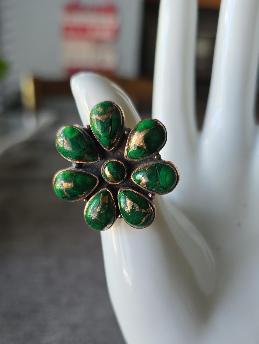 925 Sterling Silver/Gold Green Dhalia Irish Cluster Statement Ring~Sz 9 ADJ